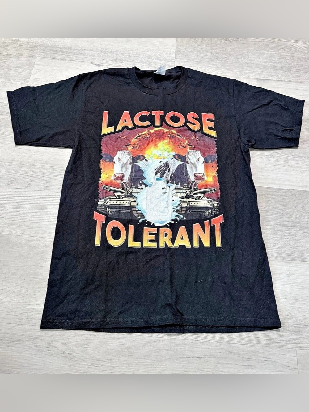 Lactose Tolerant Cow Graphic Print Short Sleeve Tee Size Medium Funny Gag Gift